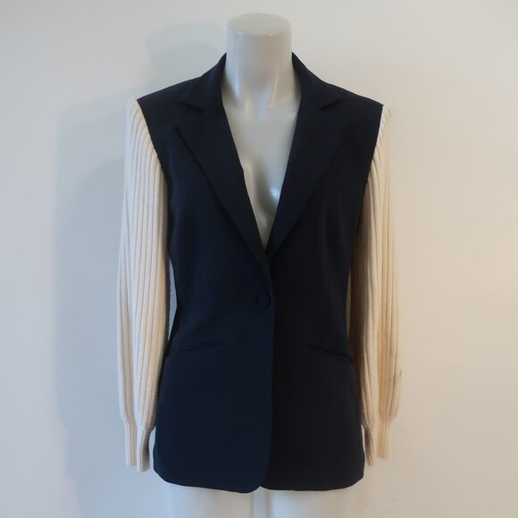 cinq a sept Jackets & Blazers - Womens Cinq A Sept 5a7 Navy Blue, Cream Ribbed Sleeve Blazer 4